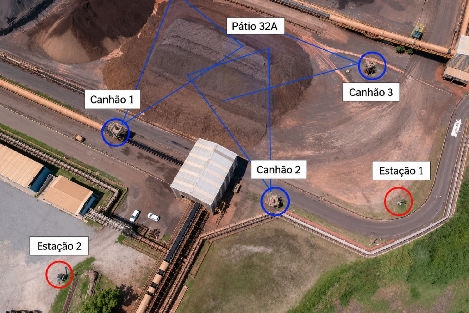 Canhão de névoa SP-55 em funcionamento durante teste de campo no Porto Sudeste